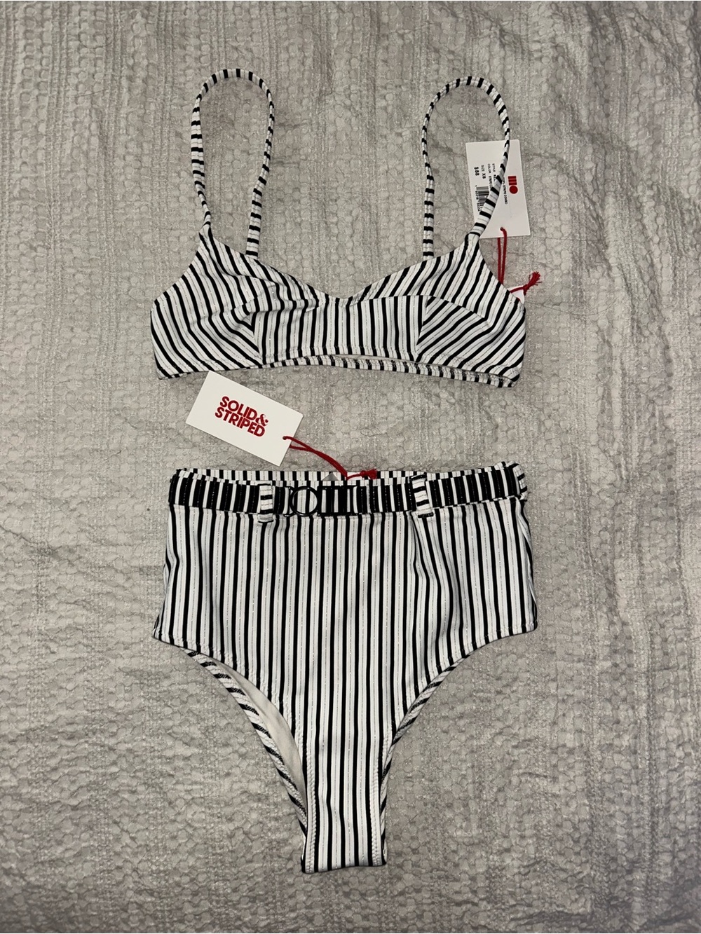 SOLID & STRIPED Black and White Striped High-Waist Bikini